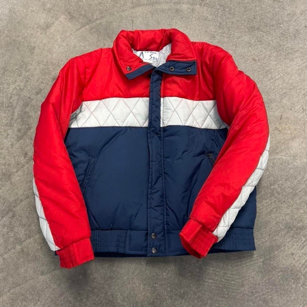 Vintage Men's Alpine Ski Jacket Puffer Zip Up Red Blue Winter Outdoor Large